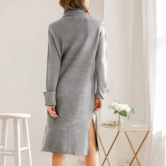 NWT Lulus Snuggled Up Light Grey Knit Turtleneck Midi Sweater Dress, XS - Picture 2 of 16